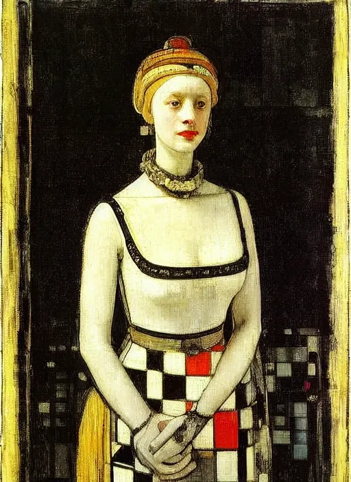 Image similar to portrait of young woman in renaissance dress and renaissance headdress, art by piet mondrian