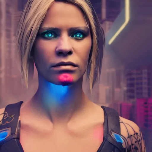 Prompt: Linda Hamilton, neon face tattoo, cyberpunk background, straight hairstyle, white eyes, blonde hair, realistic render, short hair, unreal engine render, Icaro Carvalho