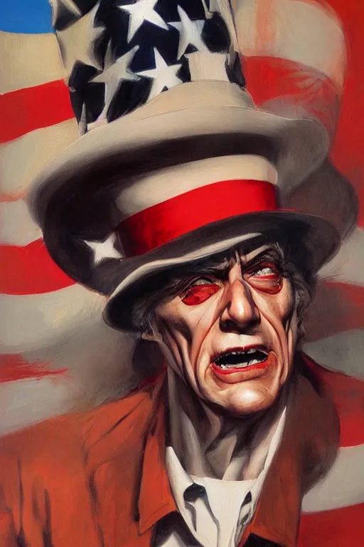 Image similar to expressive exaggerated portait painting of uncle sam, alex ross!!!, phil hale!!!!, visible brush strokes, graphic,'action lines '!!!!, striking, sharp, hd image