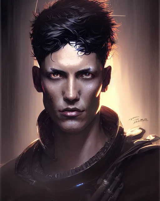 Prompt: professional concept art portrait of a diesel punk man with short black hair in a dark room by artgerm and greg rutkowski. an intricate, elegant, highly detailed digital painting, concept art, smooth, sharp focus, illustration, in the style of cam sykes, wayne barlowe, igor kieryluk.