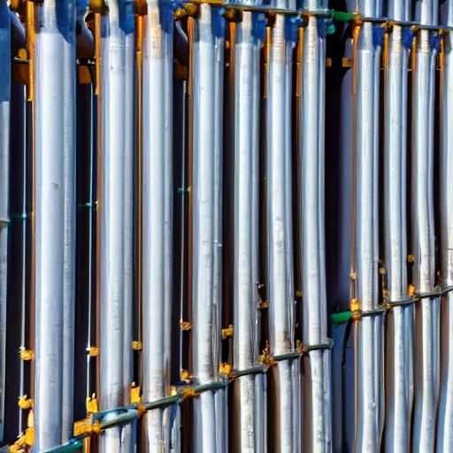 Prompt: color photograph of chemical plant pipes, structure, close up, industrial