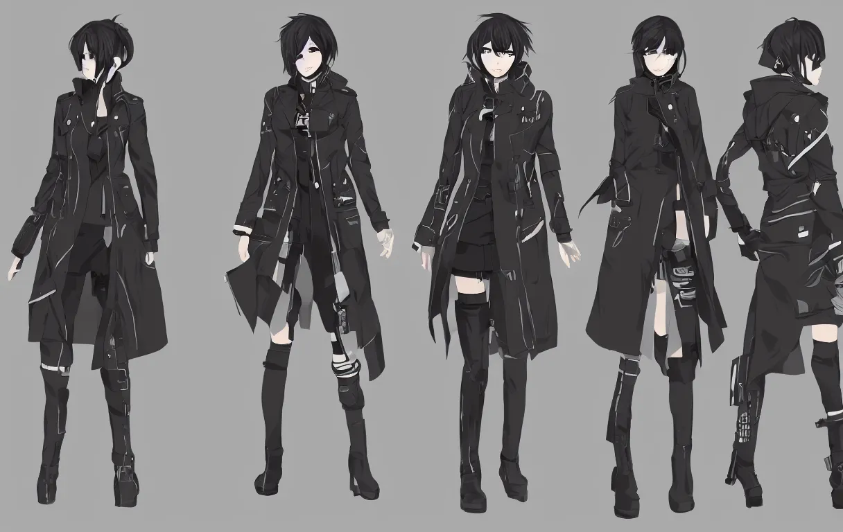 Prompt: a series of character outfit concepts for a female anime cyberpunk dream police detective wearing a heavy trench coat; each design is centred and arranged in a straight line; character concept explorations, concept art, clear outfit design, techwear, trending on artstation, clear shapes, clean edges, full body