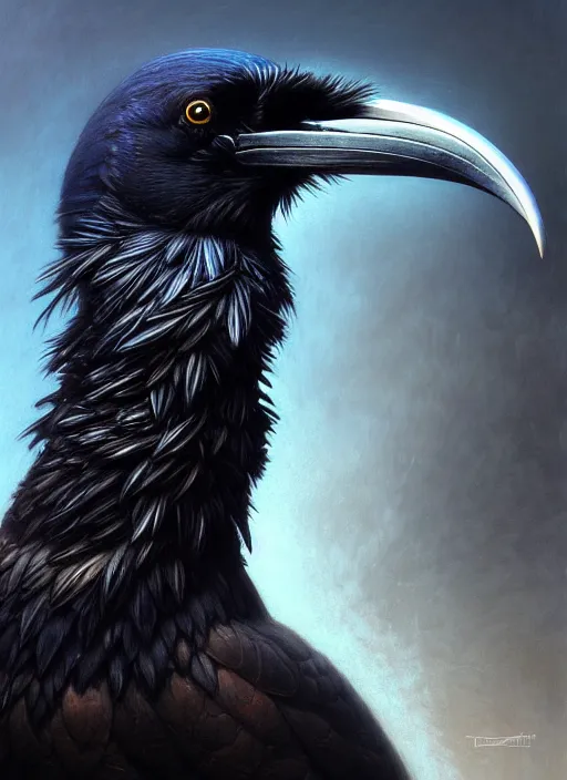 Image similar to closeup portrait of a raven, realistic, professionally, professionally color graded, intricate, elegant, highly detailed, centered, digital painting, artstation, concept art, smooth, sharp focus, illustration, artgerm, tomasz alen kopera, peter mohrbacher, donato giancola, mucha, joseph christian leyendecker, wlop, boris vallejo