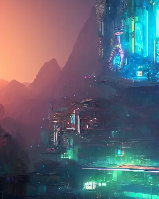 Prompt: buddhist cyber punk temple in the style of andree wallin, bastien grivet, tomasz strzalkowski ambient lighting, unreal engine 5, neon light, trending on art station