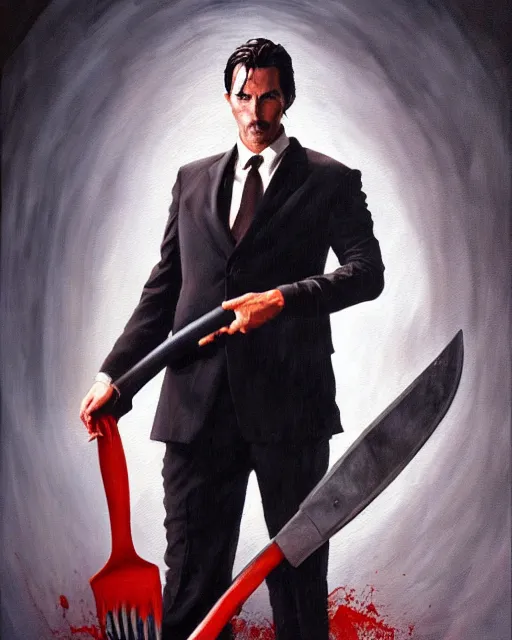 Image similar to oil painting portrait of christian bale american psycho holding an axe, cinematic lighting, high production value, intricate details, high resolution, hdr, high definition, masterpiece, realistic, ultrarealistic, highly detailed, hd, sharp focus, non blurry, sharp, smooth