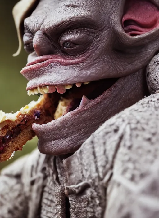 Image similar to closeup portrait of a medieval goblin eating cakes, depth of field, zeiss lens, detailed, symmetrical, centered, fashion photoshoot, by annie leibovitz and steve mccurry, david lazar, jimmy nelsson, breathtaking, 8 k resolution, extremely detailed, beautiful, establishing shot, artistic, hyperrealistic, beautiful face, octane render