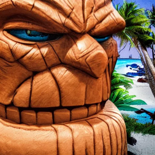 Image similar to a closeup photorealistic photograph of ben grimm's face on a tiki mug at trader vic's beach bar. fantastic four. tiki culture. bright scene. fine detail. this 4 k hd image is trending on artstation, featured on behance, well - rendered, extra crisp, features intricate detail, epic composition and the style of unreal engine.