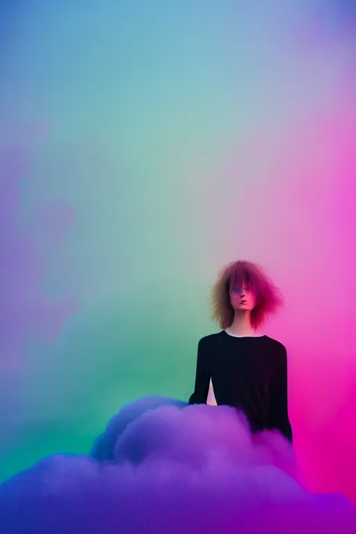 Image similar to high quality pastel coloured film photograph of a model wearing black clothing resting on cloud furniture clouds in a haze filled dreamstate world. three point light, rainbow. photographic production. art directed. pastel colours. volumetric clouds. pastel gradient overlay. waves glitch artefacts. 8 k. filmic.