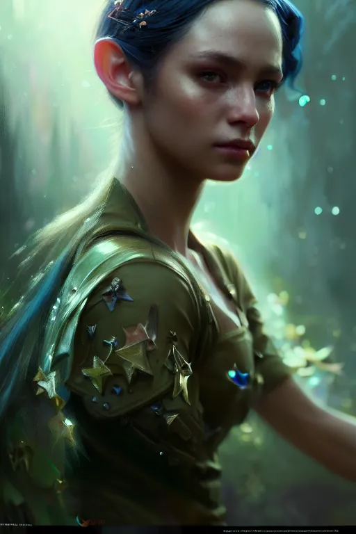 Image similar to cinematic shot of an epic portrait of a fairy dressed in military clothes, shiny skin, beautiful eyes, beautiful, small details, night setting, realistic poster with volumetric light from craig mallism, artgerm, jeremy lipkin and michael garmash, unreal engine, radiant light, detailed and complex environment, digital art, trends at art station, a masterpiece