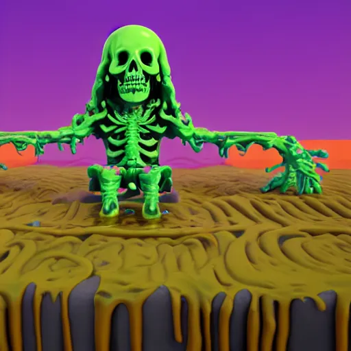 Image similar to slime lord king of the slime universe, skeleton, full body included, wide shot, 1 4 mm lens, f 2. 8, goopy, goop, fluids, soft tissue, subsurface scattering, reflections, ambient occlusion, raytracing, unreal engine 5, pixel art 8 - bit, by beeple