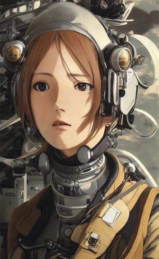 Prompt: pilot girl, cyborg aircraft parts, anime style, vintage pilot clothing, shoulder eyes, last exile anime, hair down, symmetrical facial features, from arknights, hyper realistic, 4 k, rule of thirds, extreme detail, detailed drawing, trending artstation, realistic lighting, by alphonse mucha, greg rutkowski, interior background