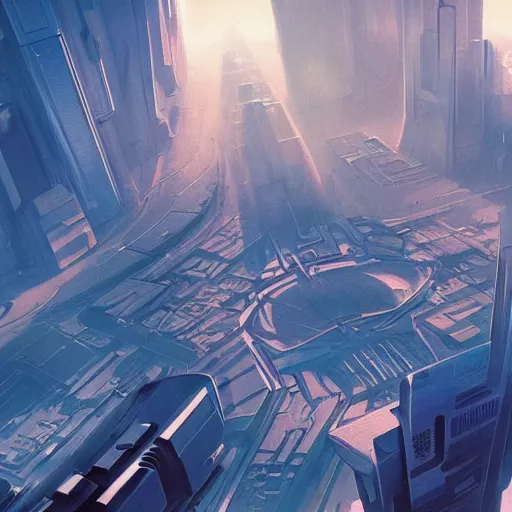 Image similar to aerial view of futuristic cyberpunk city, daylight, blue sky, cinematic lighting, blue sky, syd mead, john harris