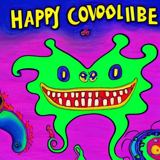 Prompt: happy lovecraftian unimaginable horror with very bright colors and happy smiles