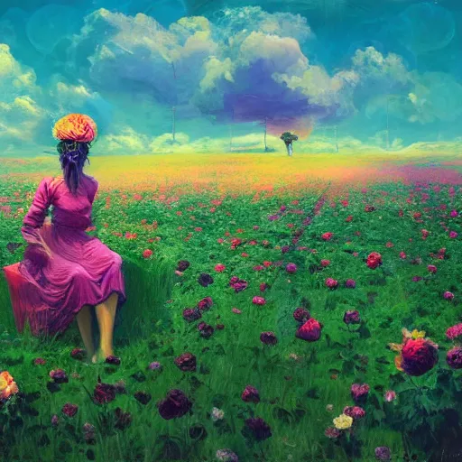 Image similar to giant rose flower head, girl sitting in a flower field, surreal photography, sunrise, dramatic light, impressionist painting, colorful clouds, digital painting, artstation, simon stalenhag