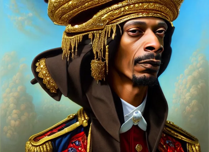 Image similar to snoop dog dressed as napoleon, intricate, elegant, highly detailed, centered, digital painting, artstation, concept art, smooth, sharp focus, illustration, artgerm, tomasz alen kopera, peter mohrbacher, donato giancola, joseph christian leyendecker, wlop, boris vallejo