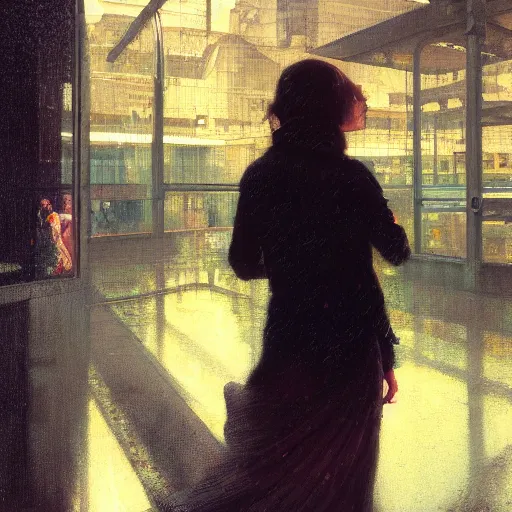 Image similar to detailed portrait of a woman, moment, cyberpunk cloisters, electronic billboards, tech noir, wet reflections, atmospheric, ambient, wlop, livia prima, greg rutkowski, george tooker, gil elvgren, norman rockwell, alexis flower, hopper, mucha, whistler, norman rockwell, peter max,