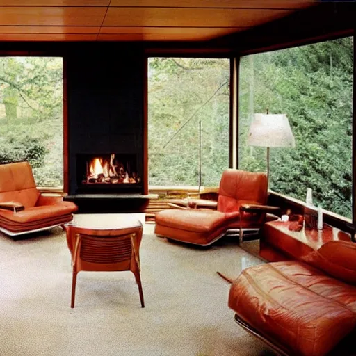 Image similar to mid century living room sunken into the ground, fireplace, big windows, frank lloyd wright