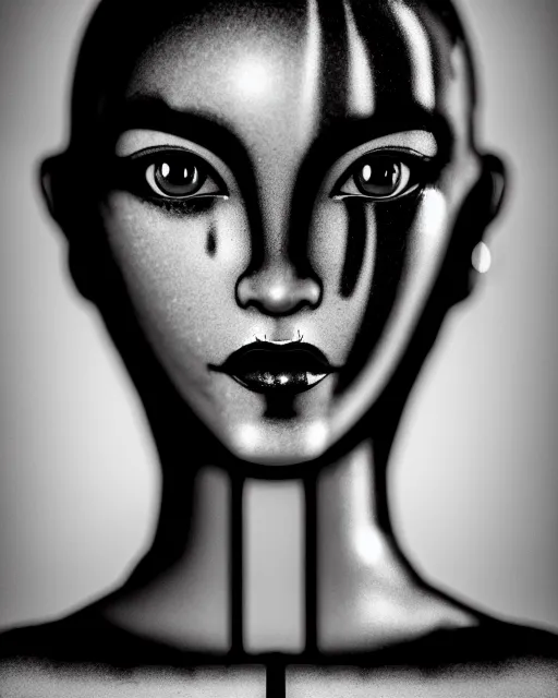 Image similar to a black and white photo of a dolly young feminine cyborg, halo, photorealistic, artistic, poetic, 8 k,