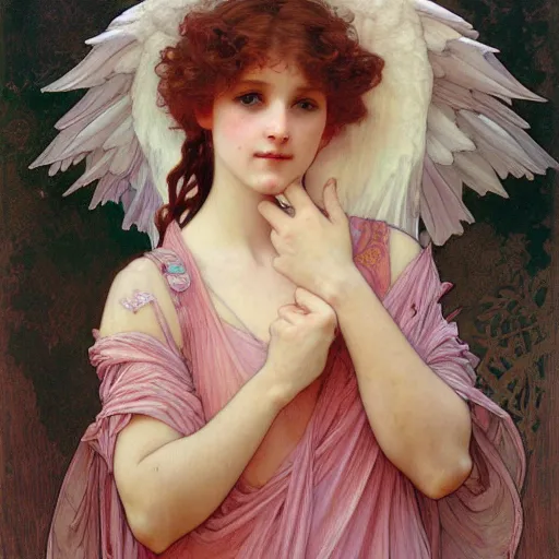 Prompt: painting of a beautifully angel with long flowing pink hair, intricate, elegant, hyperdetailed, by alphonse mucha and william - adolphe bouguereau and john william waterhouse, trending on artstation