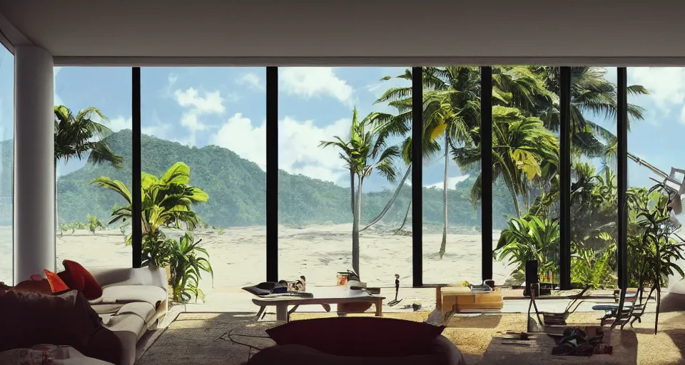 Image similar to big window, mountains in background, cloud forest in background, tropical beach in background, late afternoon, clear sky, living room, furniture, IKEA catalogue, futuristic, ultra realistic, ultra detailed, cinematic light, anamorphic, by Paul Lehr