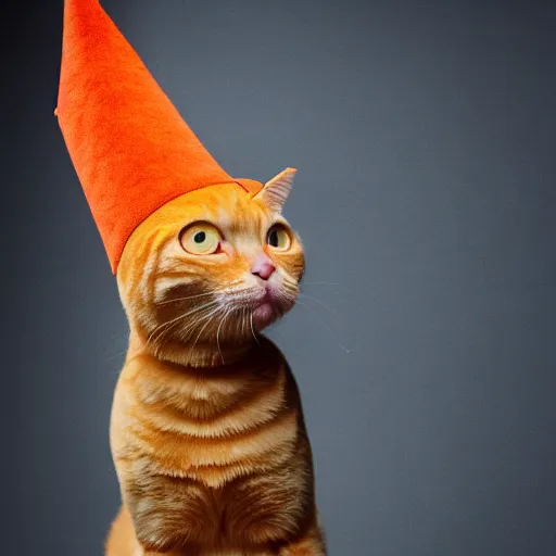 Prompt: orange tabby cat wearing a dunce cap, realistic photography