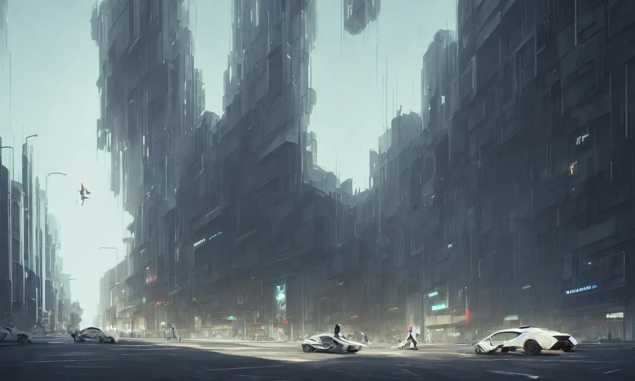 Prompt: simple streetscape, brutalist architecture, white neon lighting, flying vehicles, pedestrians walking, greg rutkowski, syd mead, ralph mcquarrie, concept art, matte painting, highly detailed, rule of thirds, dynamic lighting, cinematic, detailed, denoised, centered