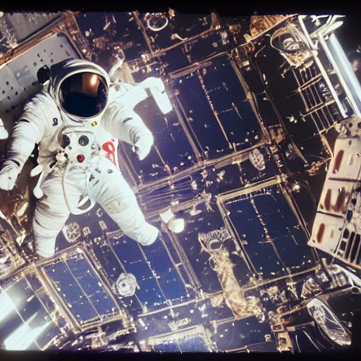 Prompt: an astronaut doing a spacewalk around a huge modular synthesizer in orbit around an alien planet patching cables, 35mm film, super wide angle