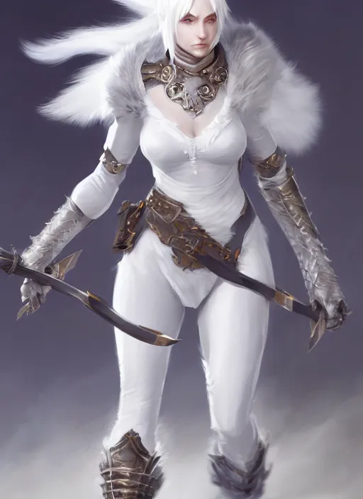 Image similar to fur - lined armor!!! beautiful and elegant white haired female!! gorgeous ayes!! character concept art, sharp focus, octane render! unreal engine 5! highly rendered!! trending on artstation!! detailed linework!! illustration by bussiere rutkowski andreas rocha