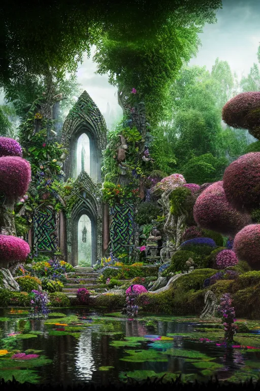 Image similar to photography of a hyper realistic lost celtic elven temple in a magical fantasy garden, mirroring water, colorful flowers, epic scale, insanely complex, hyperdetailed, sharp focus, hyper realism, artstation, cgsociety, 8 k, bright colors, by takato yamamoto, unreal engine 5