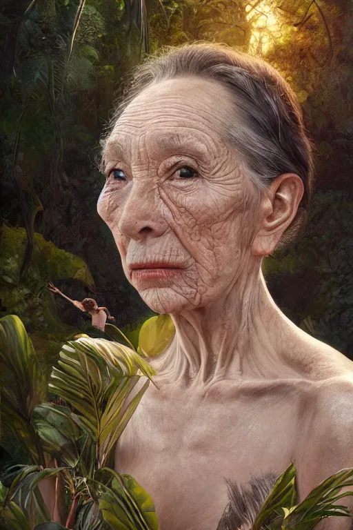 Prompt: stunningly robust, elderly prima ballerina in jungle, symmetrical face, golden hour, smooth, focus, highly detailed, hyper realistic, dramatic lighting, elegant, intricate, concept art, art by wlop, mars ravelo, greg rutowski, artstation