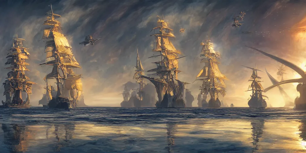 Image similar to Photorealistic epic science fiction painting of one solitary tall ship with three masts floating in space, by Rodney Matthews and Roger Dean. photorealism, UHD, amazing depth, glowing, golden ratio, 3D octane cycle unreal engine 5, volumetric lighting, cinematic lighting, cgstation artstation concept art