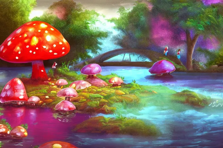 Prompt: a painting of giant mushrooms with next to a small bridge, flowing water, digital art, zangarmarsh, scenic, reds, purples, pink, reflections, blue lighting, glow's in side the mushrooms, complex background, chill,