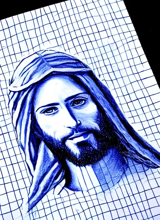 Image similar to painting of jesus drawn with blue pen on checkered notebook sheets,