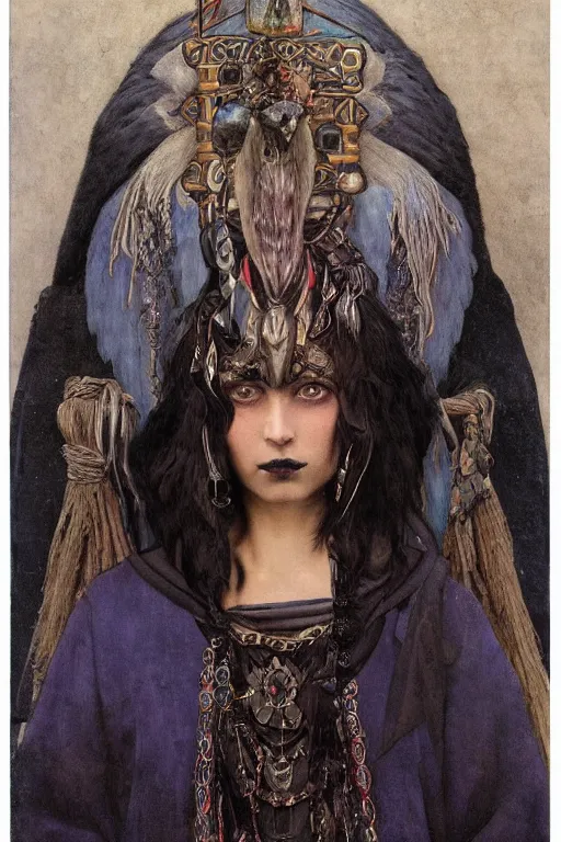 Image similar to a goth shaman with the head of a raven, by Annie Swynnerton and Nicholas Roerich and John Bauer and John William Godward and Donato Giancola and Vermeer, black leather and embroidered velvet, iridescent beetles, rich color, dramatic cinematic lighting, featured on Artstation, extremely detailed