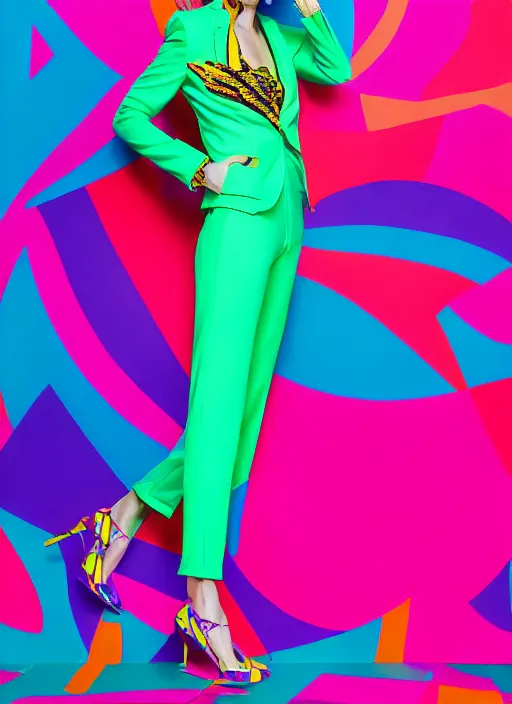 Image similar to bright trouser suit for a rave, bright colors, many details, prints, photo for a magazine, photo for a store, fashion photography, Vogue, 135 mm, cinematic, hyper realism, high detail, 8k, Two models in the frame, dynamic pose,Smooth skin, perfect face