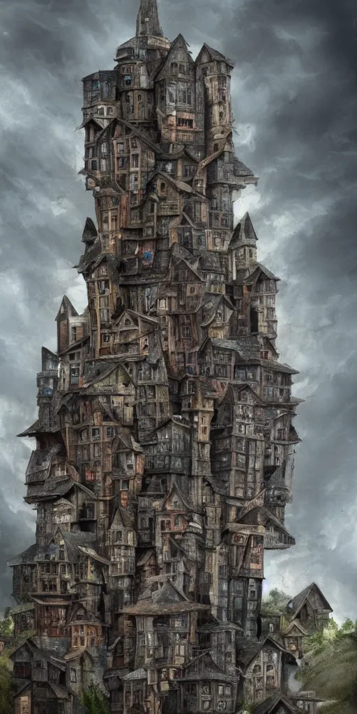 Image similar to an infinite amount of medieval houses stacked on each other, creating a monolith, concept art, very very very very tall, trending on deviantart, movie still, award wining photograph