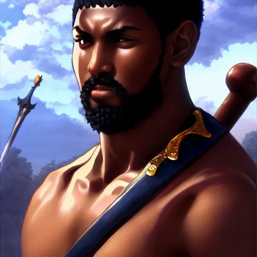 Image similar to card art of a roman gladiator man with black skin, makoto shinkai, very detailed, realistic face, detailed face, matte, tonemapping, bbwchan, perfection, 4K, William-Adolphe Bouguereau