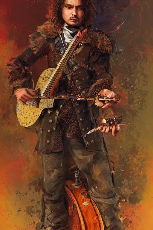 Prompt: a highly detailed portrait of frank dillane as a musketeer with a guitar, intricate, digital painting, old english, colorful, seductive, whimsical background by marc simonetti, artwork by liam wong