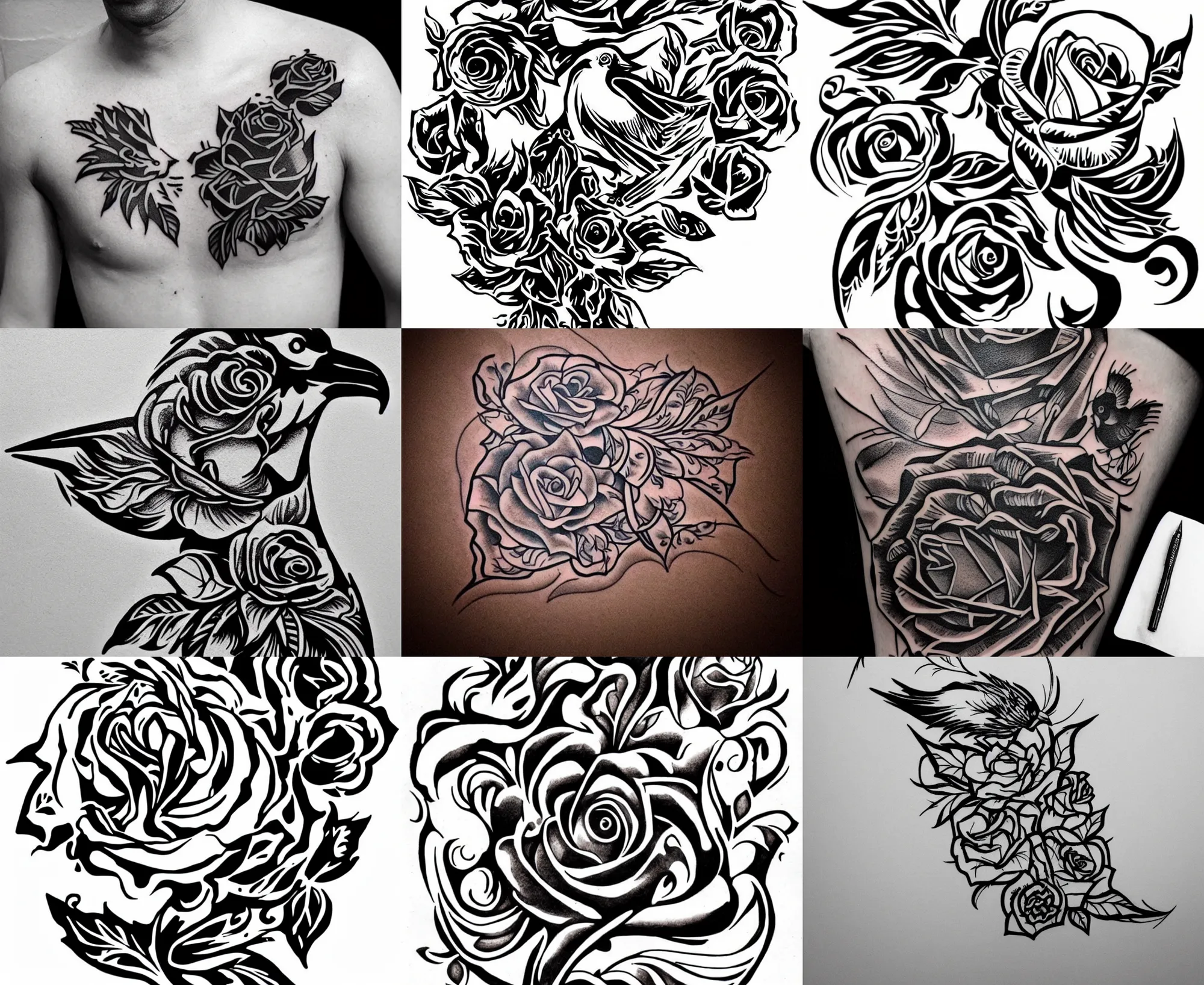 Image similar to Tattoo Stencil stylized crow rose Raven, bold strong lines very highly aesthetic