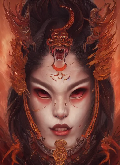 Image similar to a beautiful detailed oil on copper art illustration of a waka onna mask shogun dragon devil woman, centered, by charlie bowater, zeng fanzh, trending on artstation, dim dusk lighting, cinematic lighting, detailed lighting, volumetric lighting, realistic, f 8, 4 k hd wallpaper