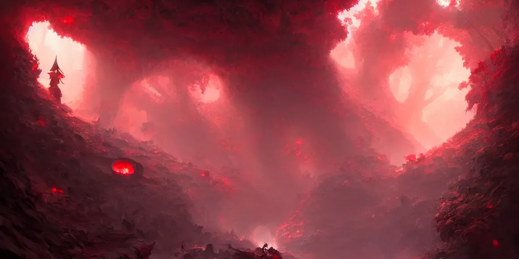 Image similar to entrance to small cave inside the forest, large glowing red crystalline sprouts growing. In style of Greg Rutkowski, Jesper Ejsing, Makoto Shinkai, trending on ArtStation, fantasy, great composition, concept art, highly detailed, scenery, 8K, Behance.