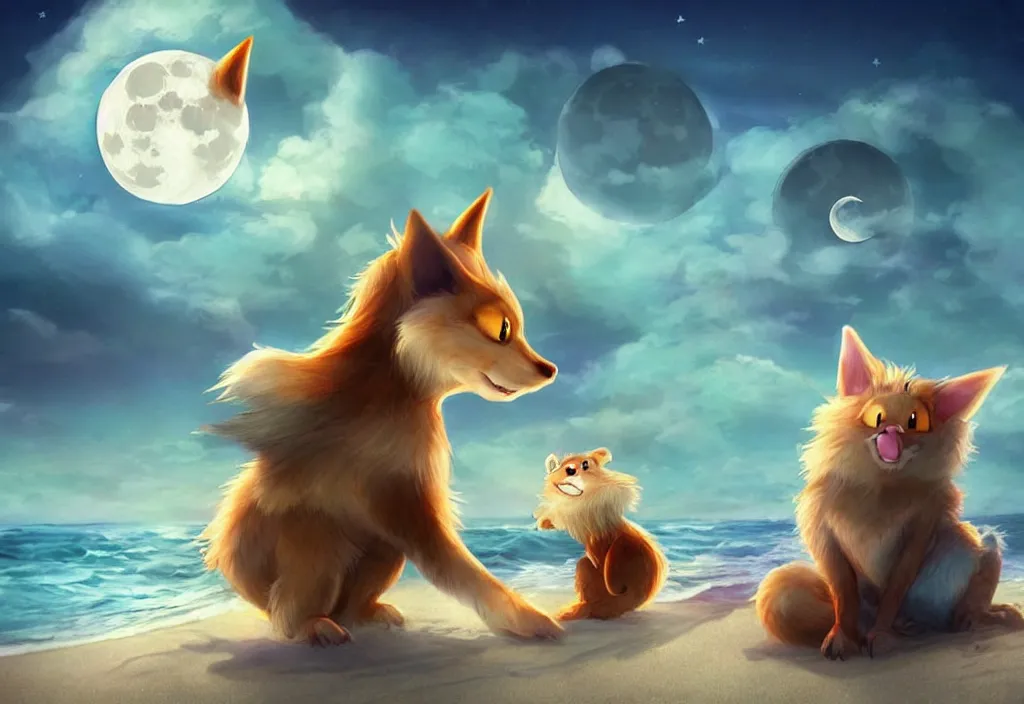 Image similar to cute magical fantasy animals at a beach looking at the moon, realistic, concept art, highly detailed