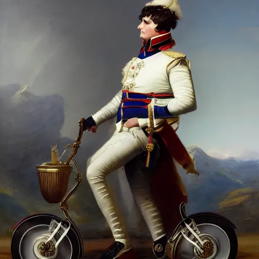 Image similar to Napoleon Bonaparte and his new electric scooter by Jeremy Lipkin and Giuseppe Dangelico Pino, oil on canvas, epic pose, peasant crowd cheering, cinematic, poster, 8k