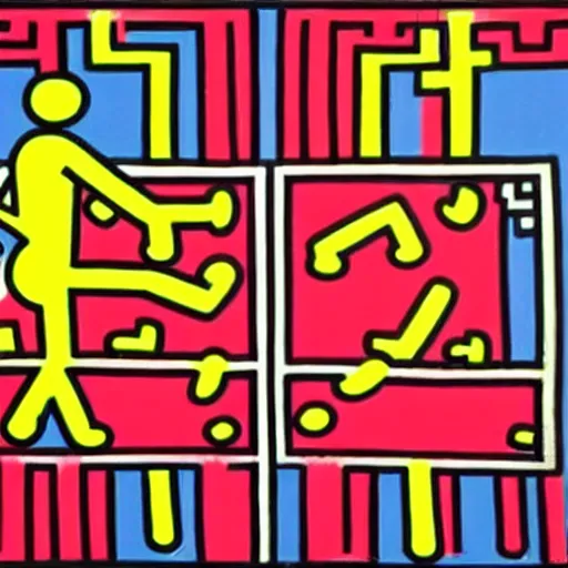 Image similar to keith haring painting of a person looking at a bar chart