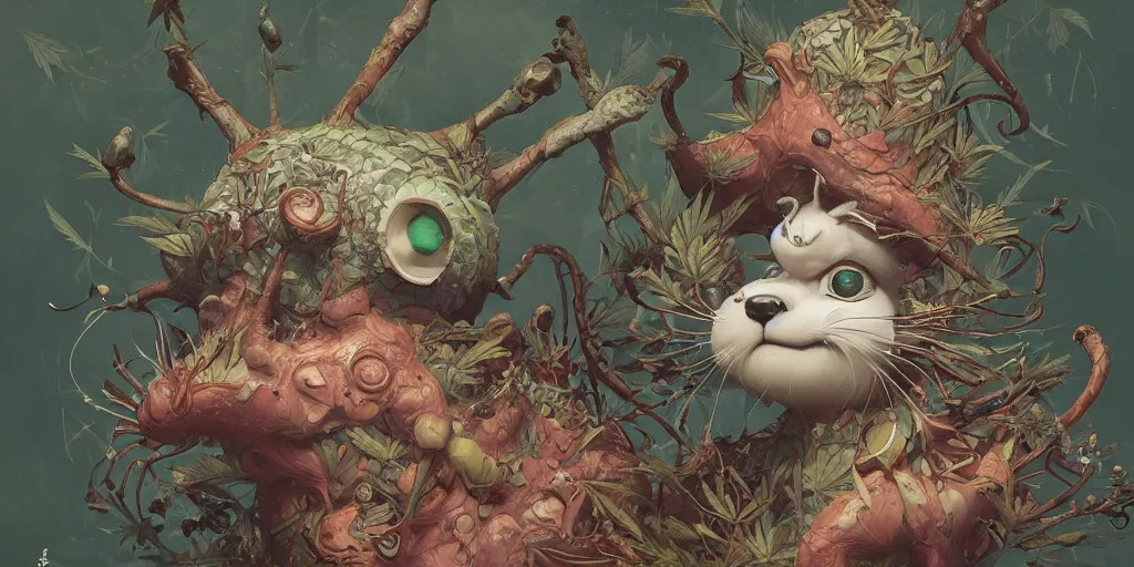 Prompt: a little cute strange cannabis animal illustrated by miyazaki by karol bak, james jean, tom bagshaw, rococo, sharp focus, trending on artstation, cinematic lighting, hyper realism, octane render, 8 k, hyper detailed, vivid, ultra detailed, highly detailed, zbrush