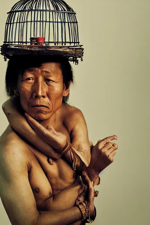Prompt: photo portrait of a tibetan man with a birdcage crossing his body, by Annie Leibovitz