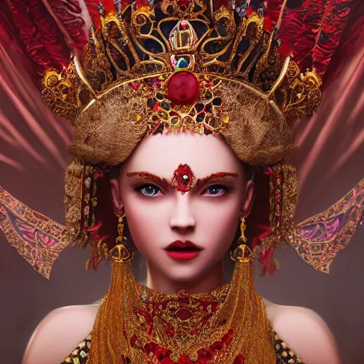 Prompt: photograph of wonderful princess with smooth fair skin, alluring eyes, red jewelry, breathtaking, elegant, ornate, intricate, hyper detailed, accent lighting, dramatic light, 4 k octane render