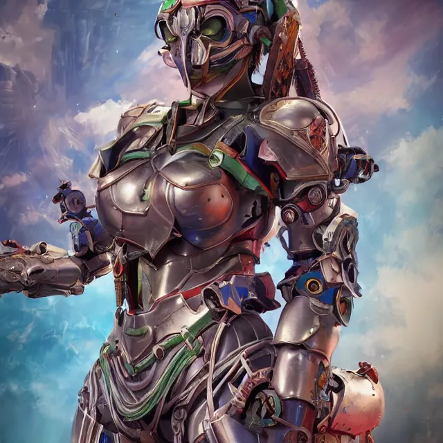 Image similar to studio portrait of lawful good colorful female holy mecha paladin absurdly beautiful, elegant, young fitness model, ultrafine hyperrealistic detailed face illustration by kim jung gi, irakli nadar, intricate linework, sharp focus, bright colors, matte, octopath traveler, final fantasy, unreal engine highly rendered, global illumination, radiant light, intricate environment