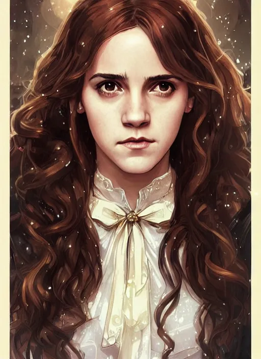 Prompt: hermione! granger! at hogwarts!! at the yule ball by emma watson. beautiful detailed face. by artgerm and greg rutkowski and alphonse mucha