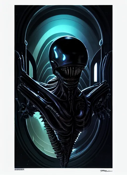 Prompt: profile! portrait of xenomorph, sci - fi, black tech wear, glowing lights! dark, cool colors, acid, intricate, highly detailed, digital painting, artstation, concept art, smooth, sharp focus, illustration, art by h r giger and greg rutkowski